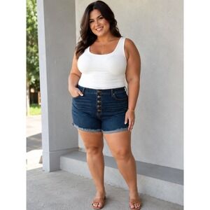 Torrid Womens Size 24 Dark Wash Button Fly High Rise Denim Shorts Frayed Hem